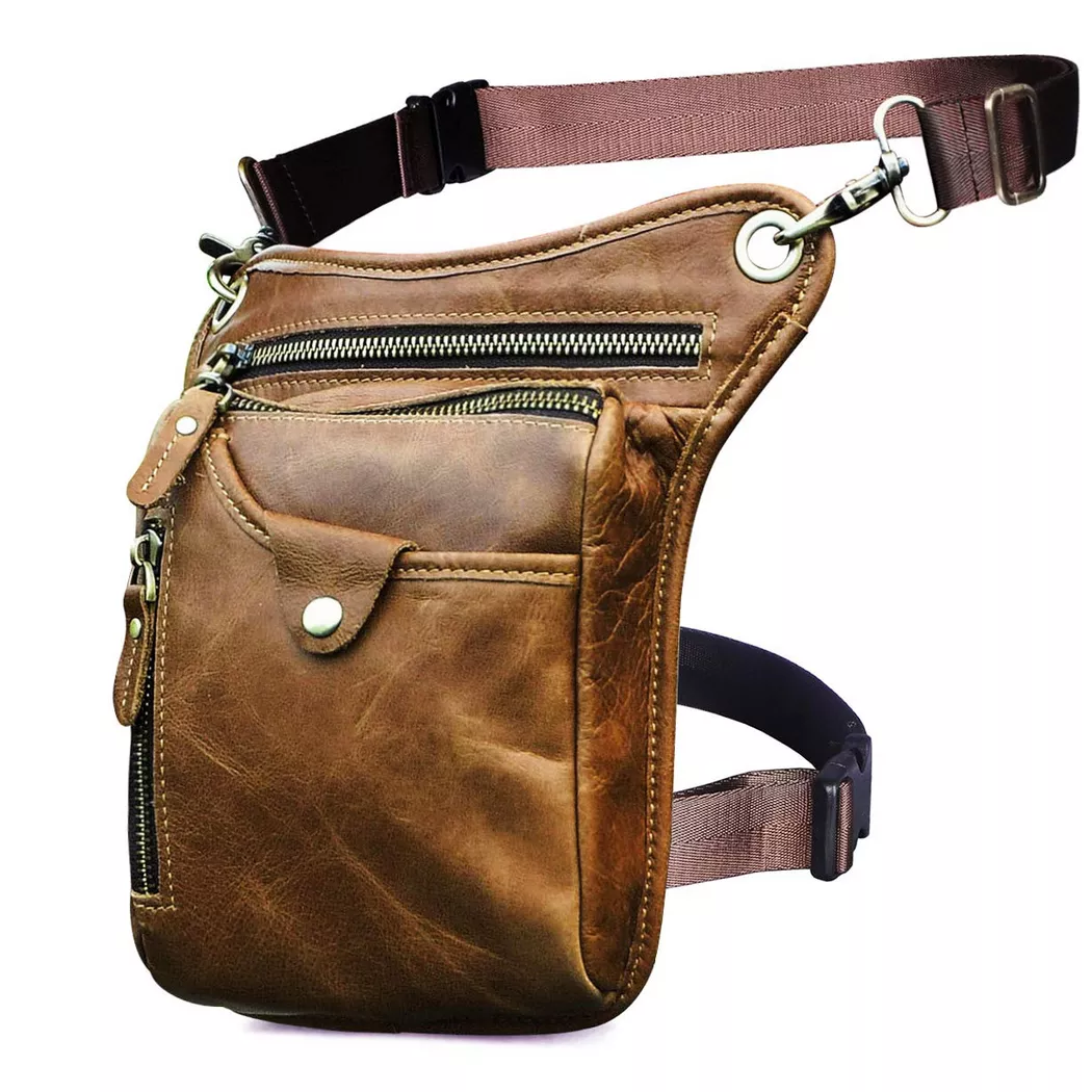 Only-bags.store - Echtes Leder Tasche Bein Tasche äußeren Bein Tasche Reise Hüfte Tasche Wandern Klettern Oberschenkel Tasch, für Herren, Braun, Größe