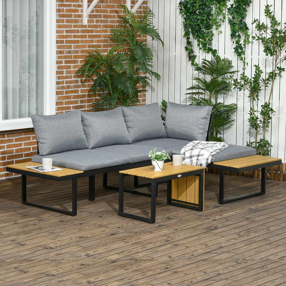 Northio Gartenmöbel-Set Für 3 Personen Balkonmöbel Mit Sitzkissen, Aluminiumrahmen, Holzoptik, Dunkelgrau+Natur  