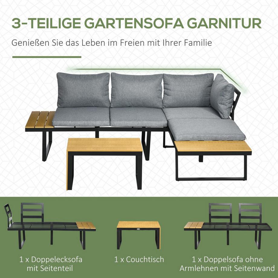 Northio Gartenmöbel-Set Für 3 Personen Balkonmöbel Mit Sitzkissen, Aluminiumrahmen, Holzoptik, Dunkelgrau+Natur  