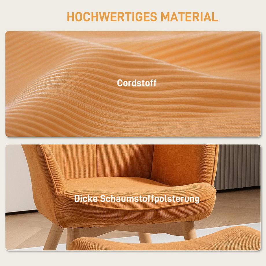 Northio Sessel mit Hocker, Ohrensessel mit Hoher Rückenlehne, Holzbeine, Loungesessel mit getuftetem Design, Cord-Optik, für Wohnzimmer, Braun  
