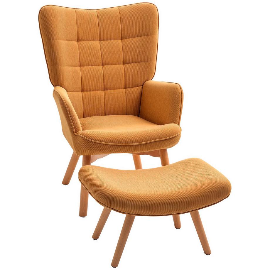 Northio Sessel mit Hocker, Ohrensessel mit Hoher Rückenlehne, Holzbeine, Loungesessel mit getuftetem Design, Cord-Optik, für Wohnzimmer, Braun  