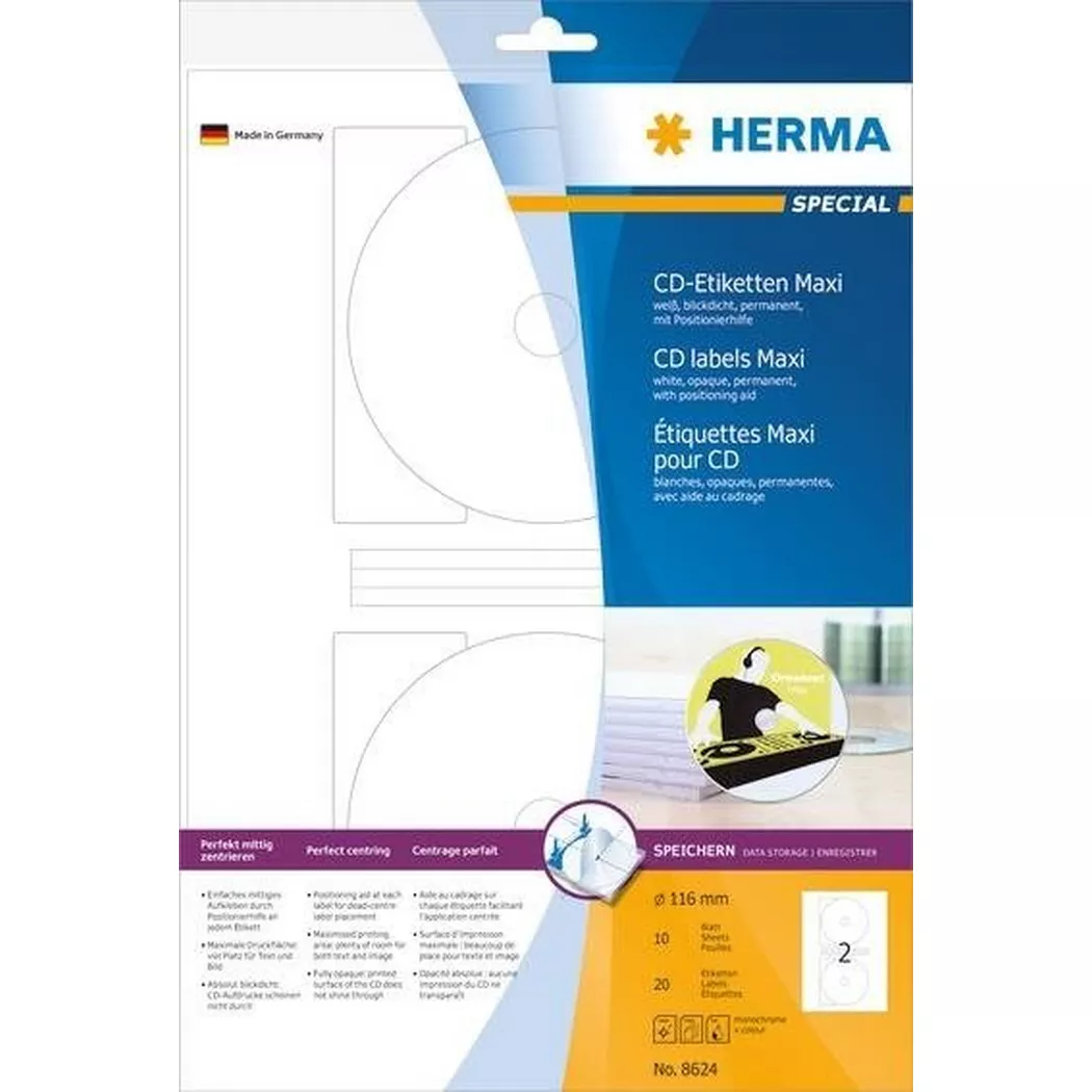 HERMA – CD Etiketten weiss, Ø 116mm 8624 20 Stk. / 10 Blatt, One Size