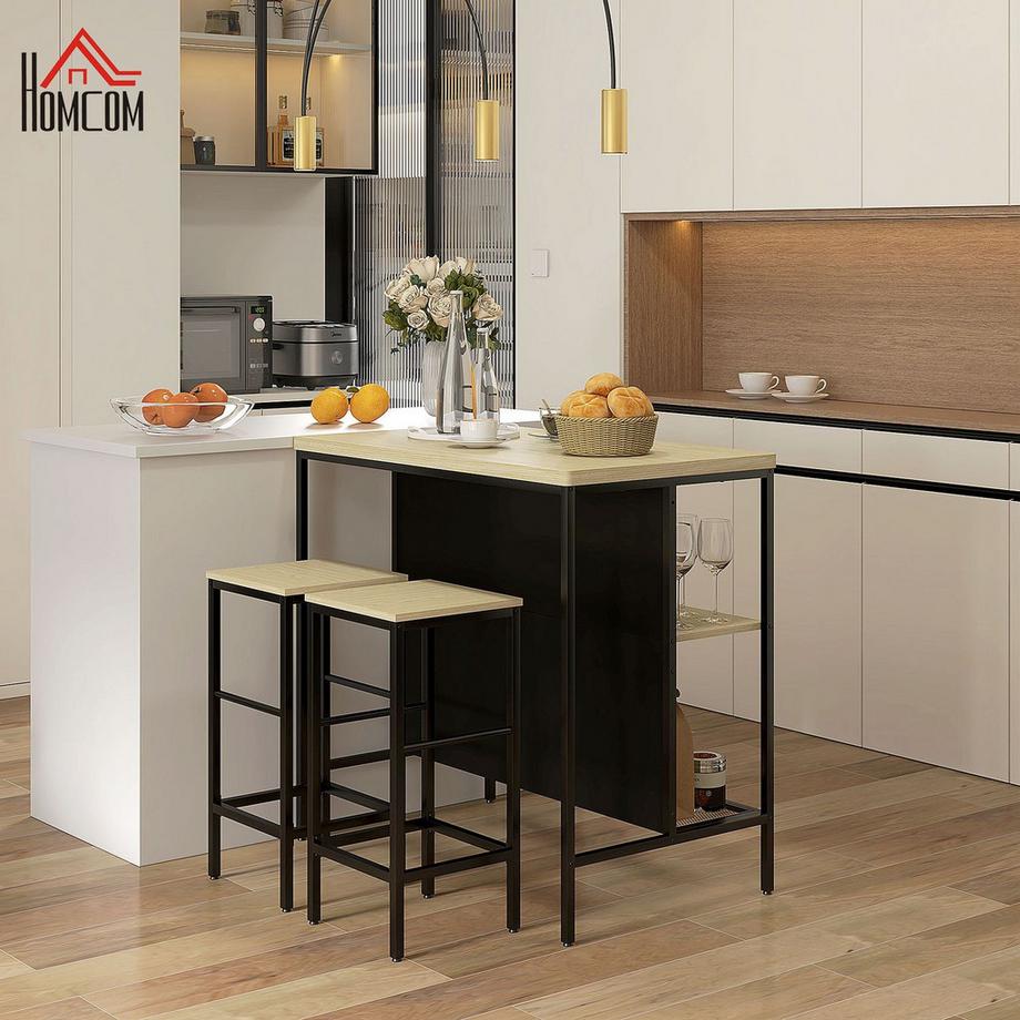 Northio Set Tavolo Bar 3 Pezzi. Tavolo Da Cucina 2 Sgabelli Da Bar 2 Ripiani Set Da Pranzo Moderno In Acciaio Rovere  