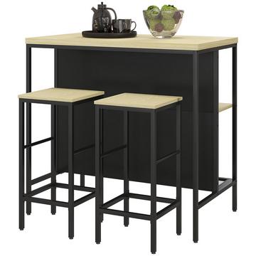 Ensemble De Table De Bar 3 Pièces. Table De Cuisine 2 Tabourets De Bar 2 Étagères Ensemble De Salle À Manger Moderne En Acier Chêne