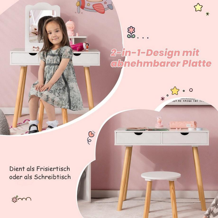 Northix  2 in 1 Kinder Schminktisch Set Schreibtisch & Hocker mit Spiegel 70 x 37 x 100 cm Weiß 