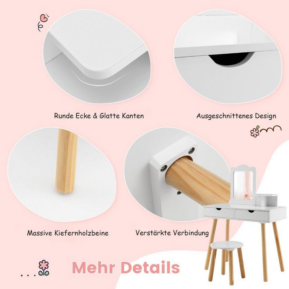Northix  2 in 1 Kinder Schminktisch Set Schreibtisch & Hocker mit Spiegel 70 x 37 x 100 cm Weiß 
