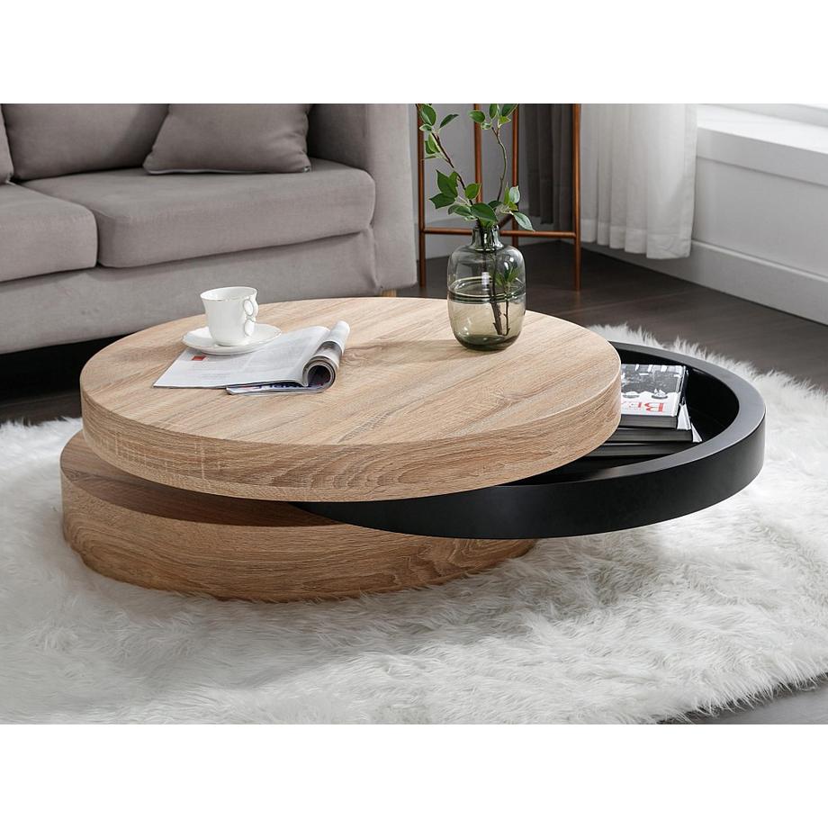 Vente-unique Table basse pivotante ronde avec 1 niche en MDF - Noir et naturel clair - JANITA  