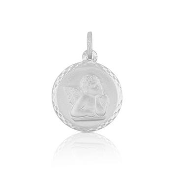 Pendentif médaille ange en or blanc 750, 14mm