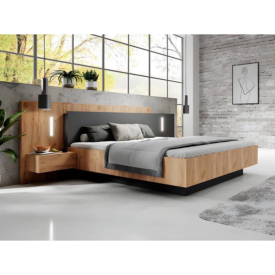 Vente-unique Bett mit Nachttischen - 140 x 190 cm - 2 Schubladen - Mit LED-Beleuchtung - Holzfarben & Anthrazit + Lattenrost - FRANCOLI  