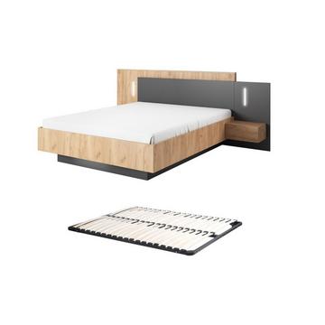 Bett mit Nachttischen - 140 x 190 cm - 2 Schubladen - Mit LED-Beleuchtung - Holzfarben & Anthrazit + Lattenrost - FRANCOLI