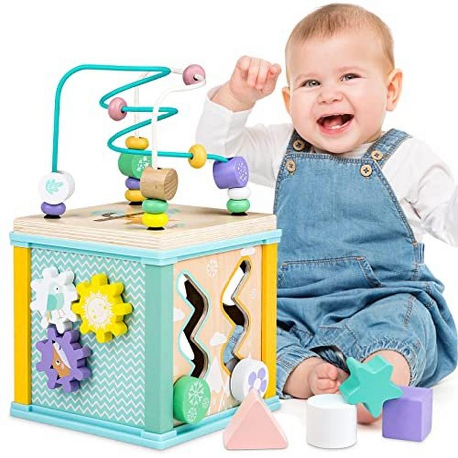 Activity-board  Motorikwürfel Holz, Motorikspielzeug für Kinder, 5 in 1 Aktivitätswürfel 