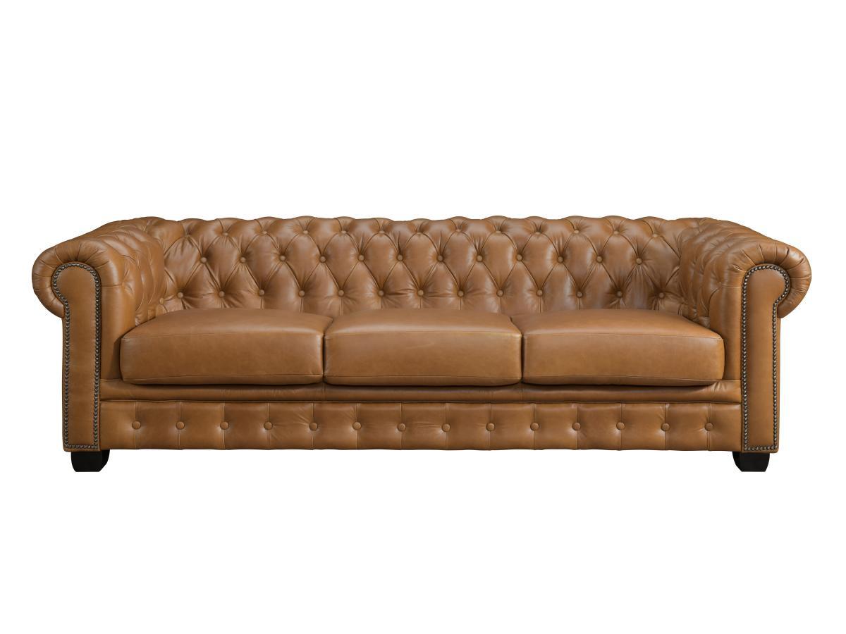 LINEA SOFA Chesterfield Ledersofa 4-Sitzer - Büffelleder - Karamellbraun - BRENTON  