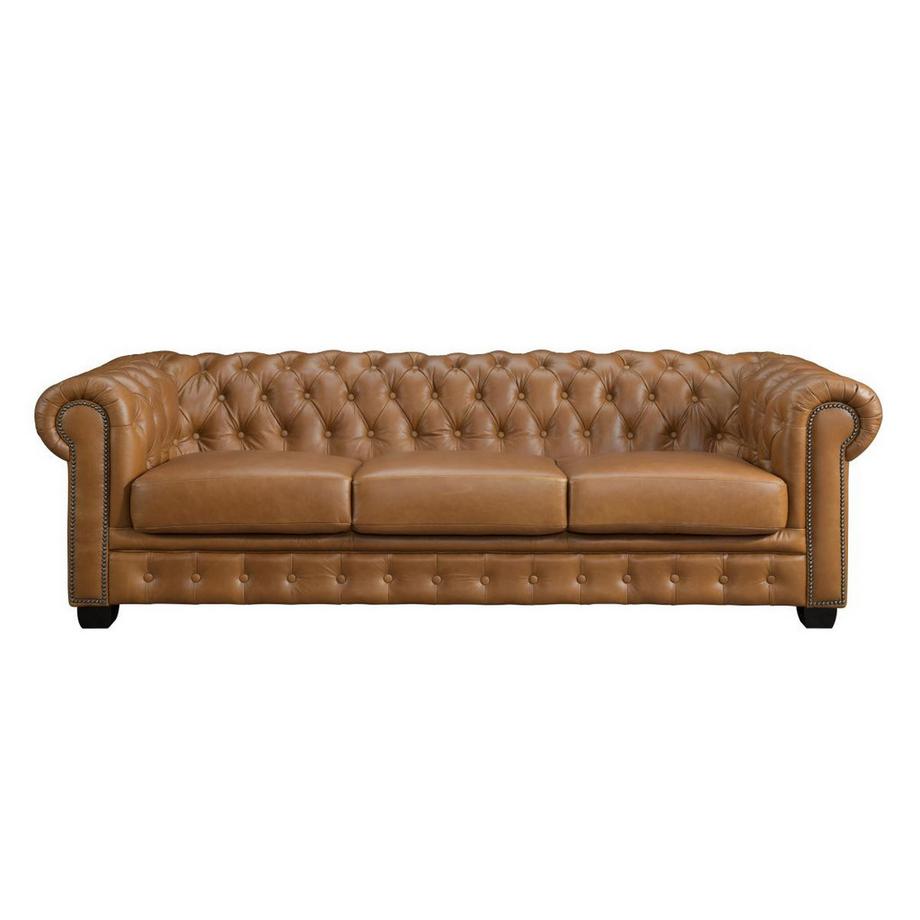 LINEA SOFA Chesterfield Ledersofa 4-Sitzer - Büffelleder - Karamellbraun - BRENTON  