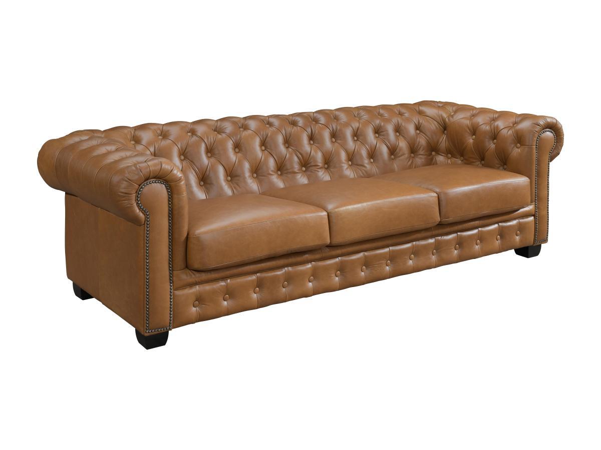 LINEA SOFA Chesterfield Ledersofa 4-Sitzer - Büffelleder - Karamellbraun - BRENTON  