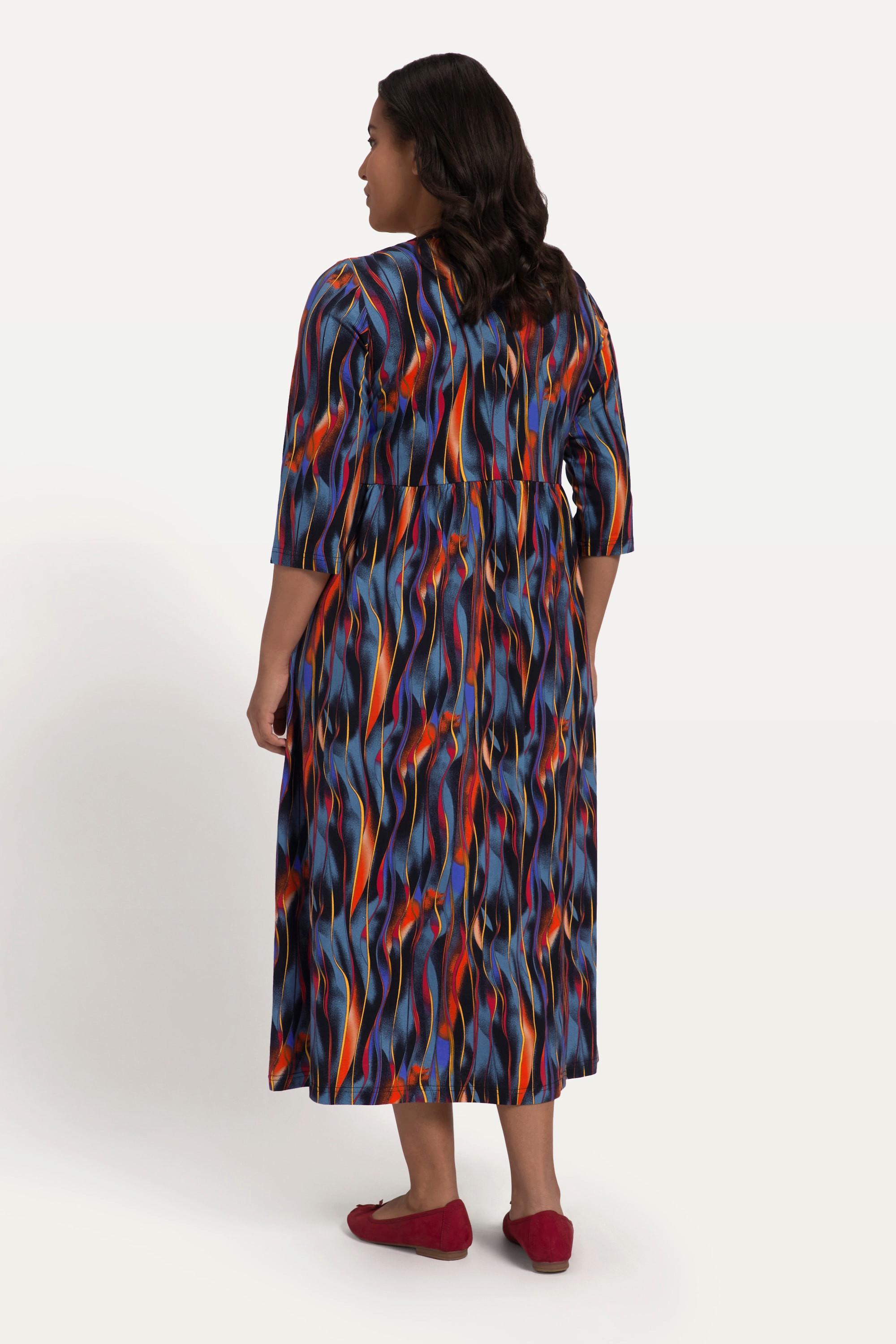 Ulla Popken Abito di jersey A-line Righe Cucitura Impero Scollo Rettangolare Maniche 3/4  