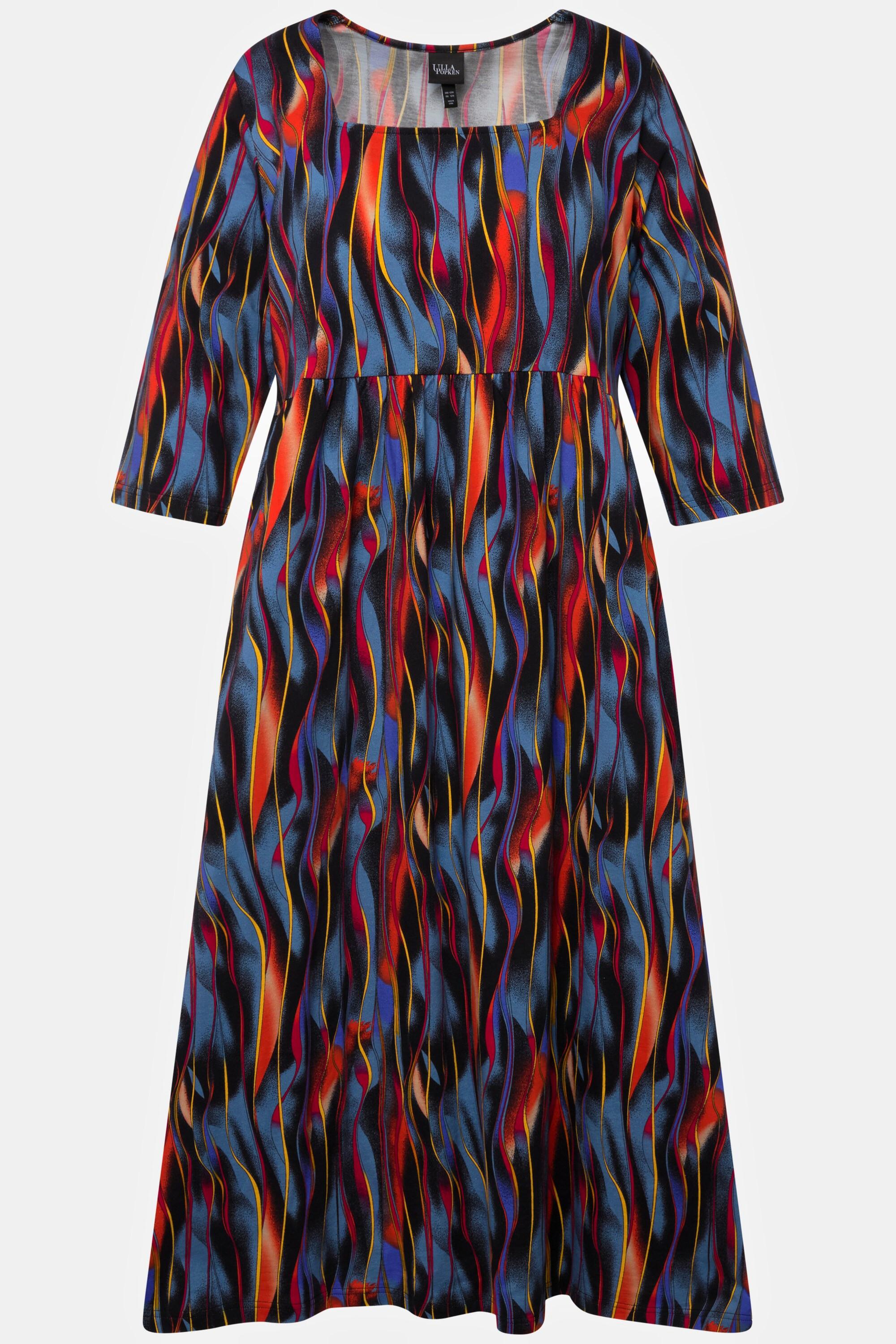 Ulla Popken Abito di jersey A-line Righe Cucitura Impero Scollo Rettangolare Maniche 3/4  