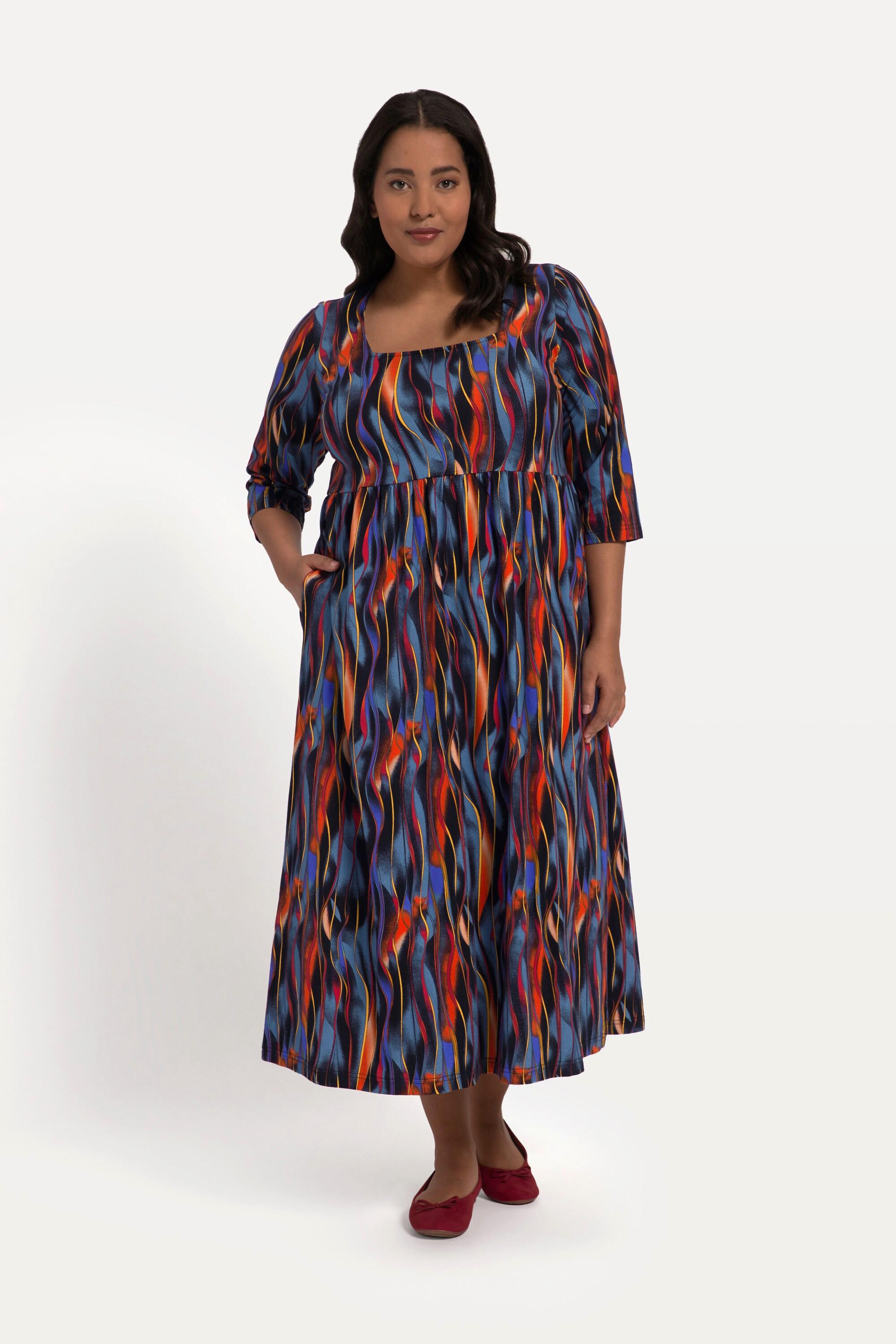 Ulla Popken Abito di jersey A-line Righe Cucitura Impero Scollo Rettangolare Maniche 3/4  