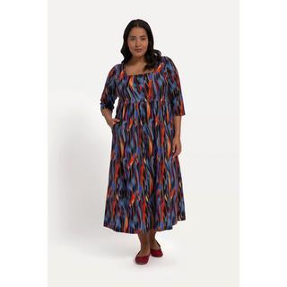 Ulla Popken Abito di jersey A-line Righe Cucitura Impero Scollo Rettangolare Maniche 3/4  