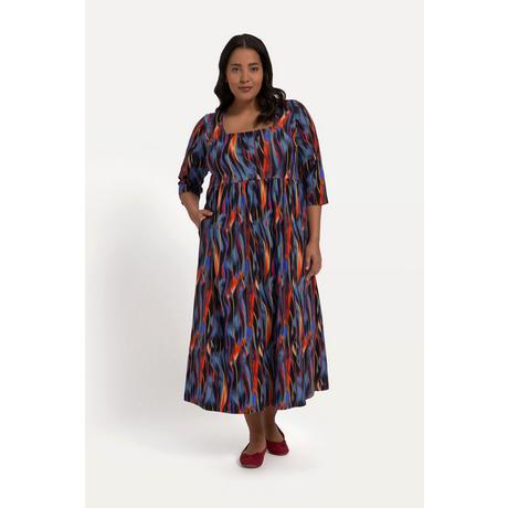 Ulla Popken Abito di jersey A-line Righe Cucitura Impero Scollo Rettangolare Maniche 3/4  