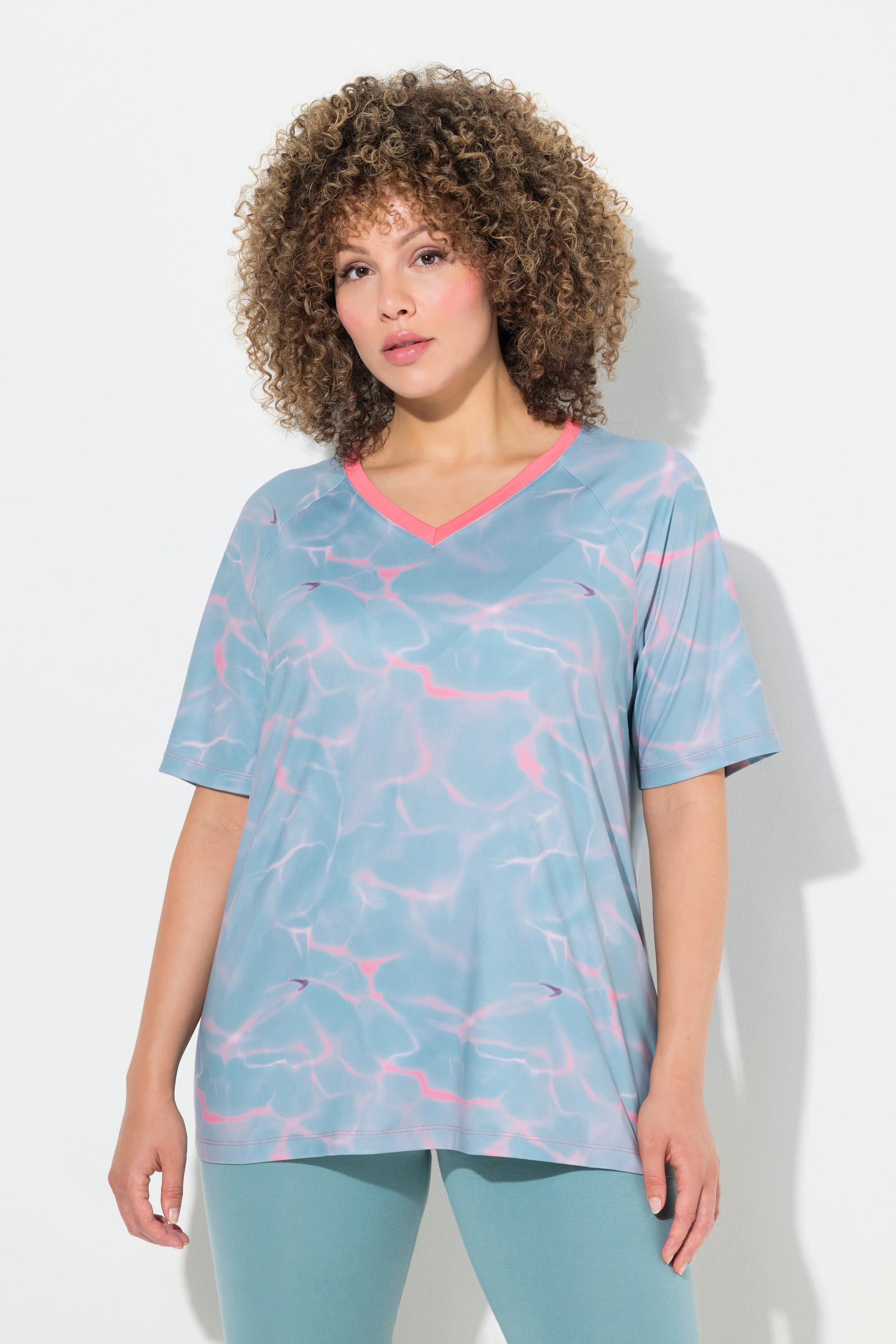 Ulla Popken  T-shirt technique motif vagues, col en V et manches courtes 