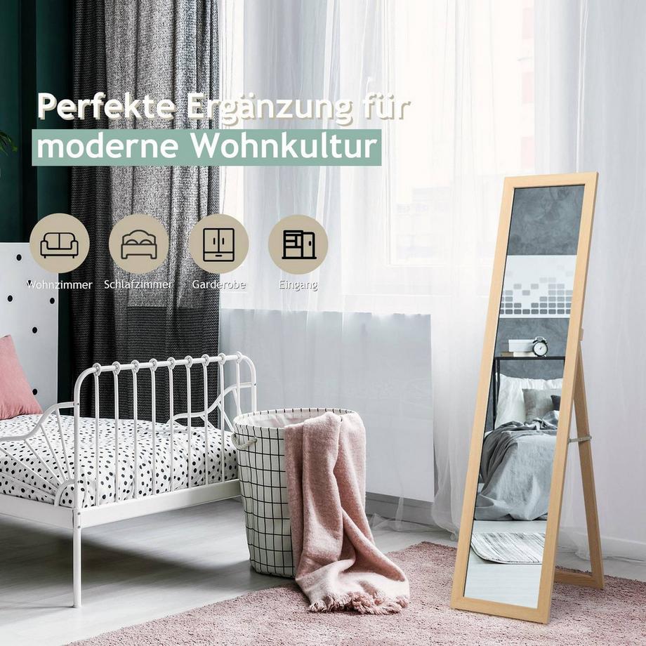 Northix 2 in 1 Ganzkörperspiegel Standspiegel und Wandspiegel mit Holzrahmen 37 x 155 cm Natur  