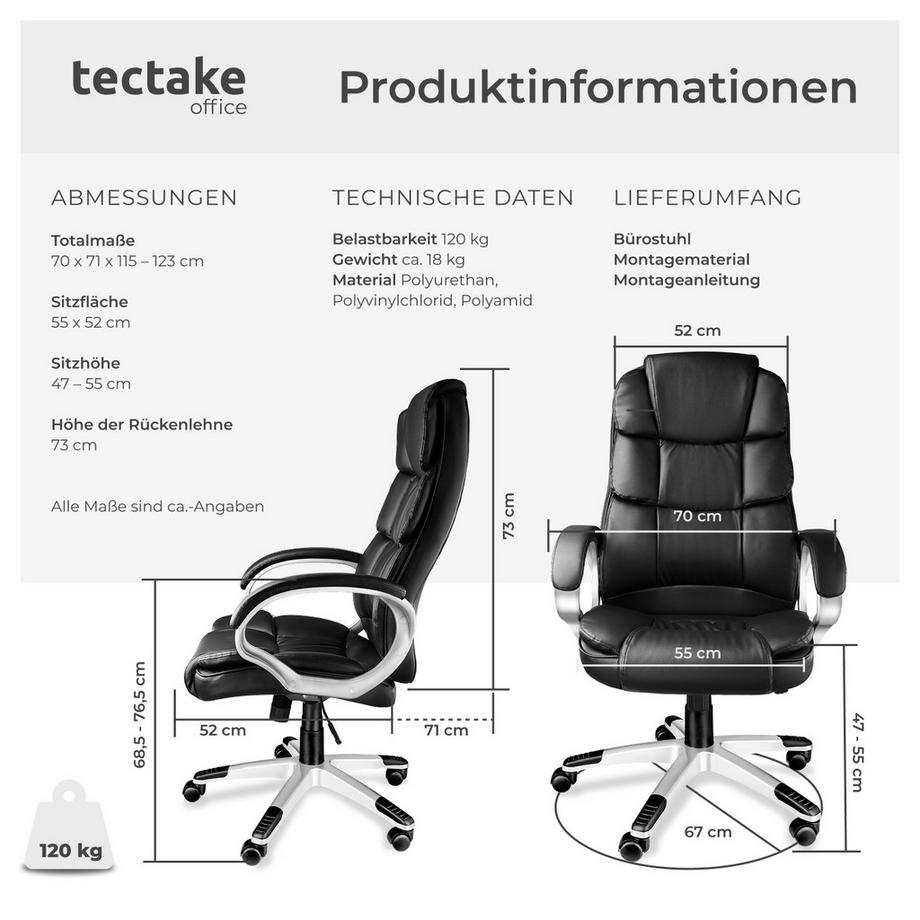 Tectake Bürostuhl Jonas 360° drehbar und stufenlos höhenverstellbar mit gepolsterten Armlehnen  
