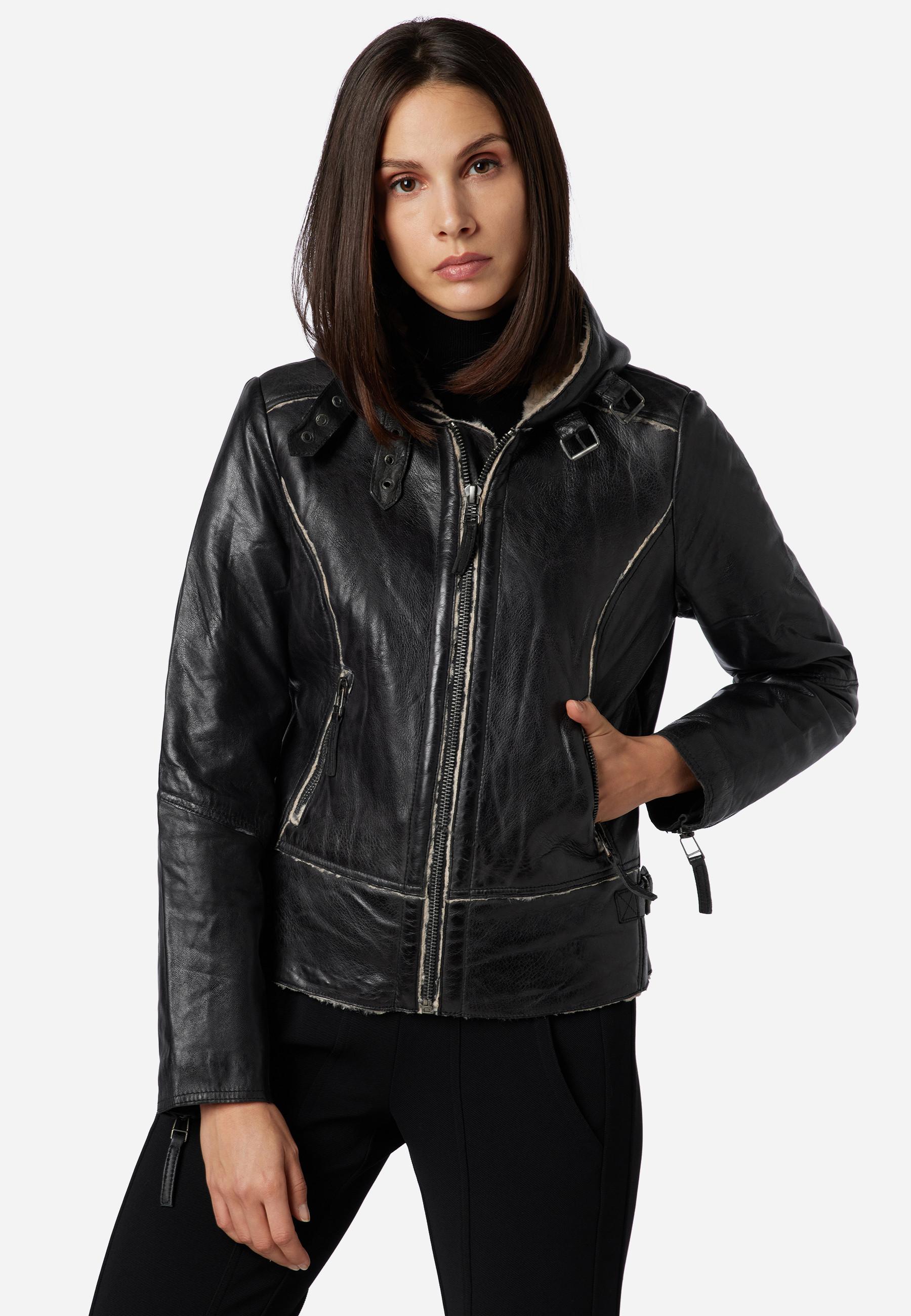 RICANO  Veste en cuir  Jule, style biker avec doublure en fourrure et capuche 