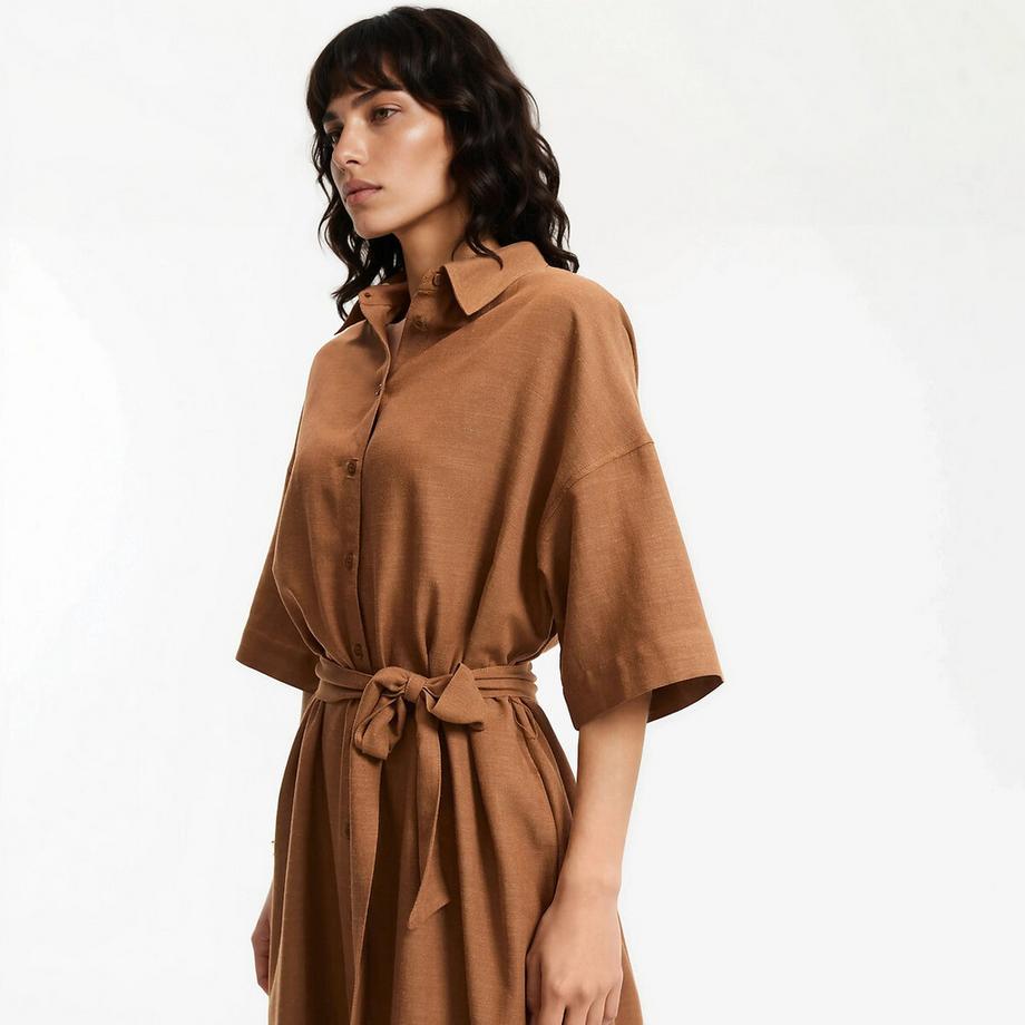 La Redoute Collections Robe Chemise Longue Manches Coudes Ceinturée  
