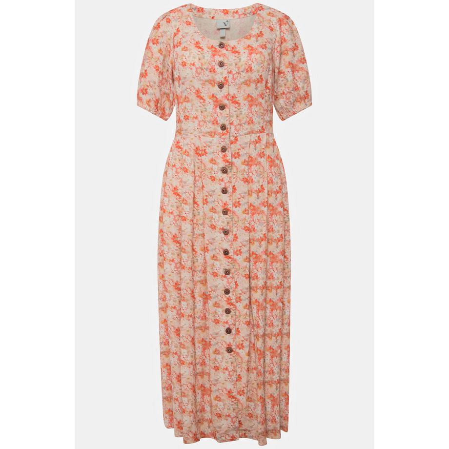 Ulla Popken Robe Fleurs Col Rond Manches Courtes Lin Mélangé  