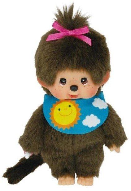 Monchhichi  Sekiguchi 233748 Original  Mädchen Sleepy, aus em Plüsch, mit farbigem Lätzchen und Zopf mit Schleife, ca. 20 cm 