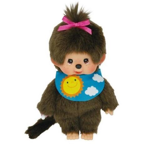 Monchhichi  Sekiguchi 233748 Original  Mädchen Sleepy, aus em Plüsch, mit farbigem Lätzchen und Zopf mit Schleife, ca. 20 cm 