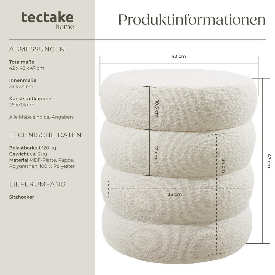 Tectake Sitzhocker mit Stauraum Altu rund Belastbarkeit 120 kg, bodenschonende Kunststoffkappen  