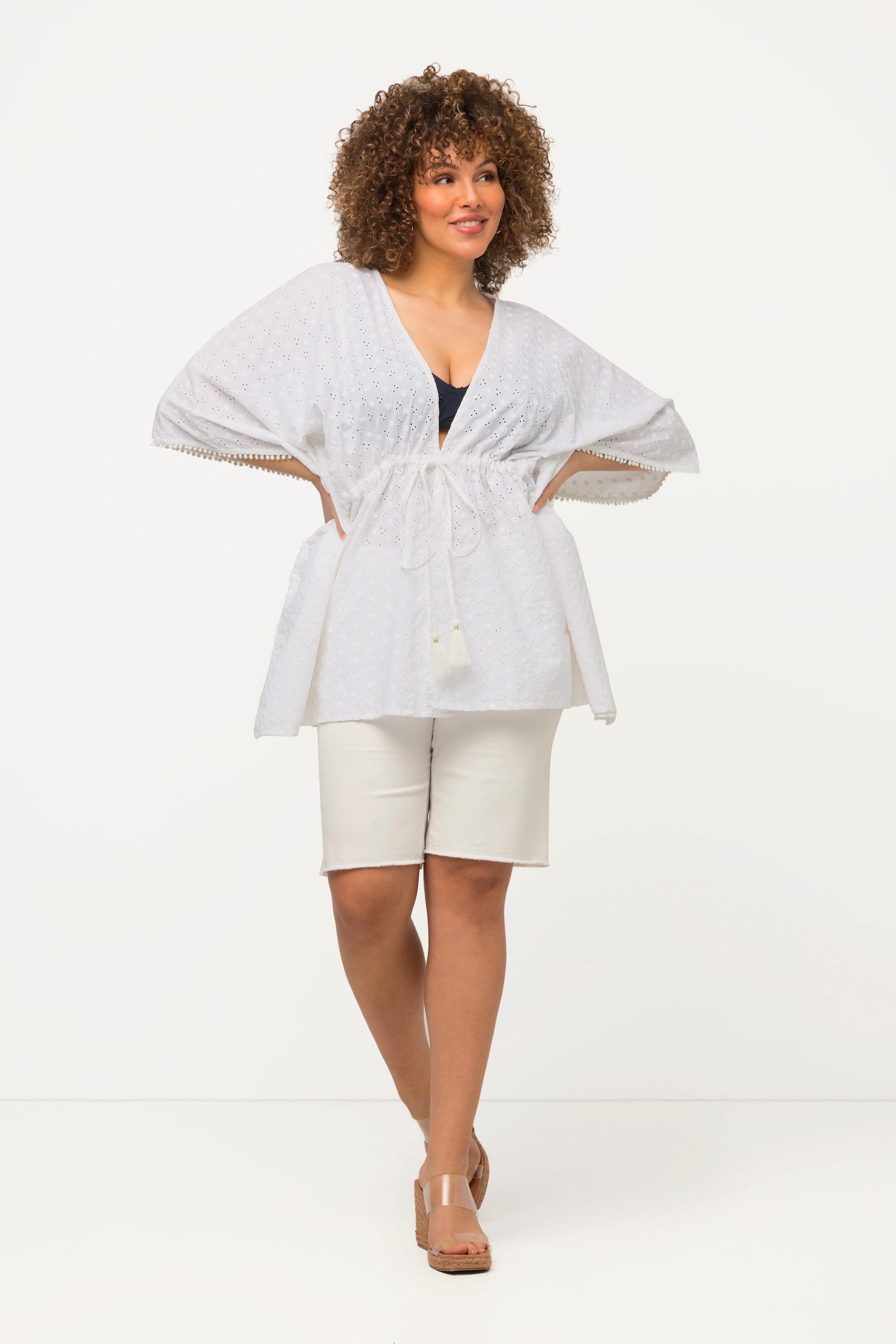 Ulla Popken  Blusa a kimono dal taglio oversize con pizzo traforato, nappe e maniche a 3/4 