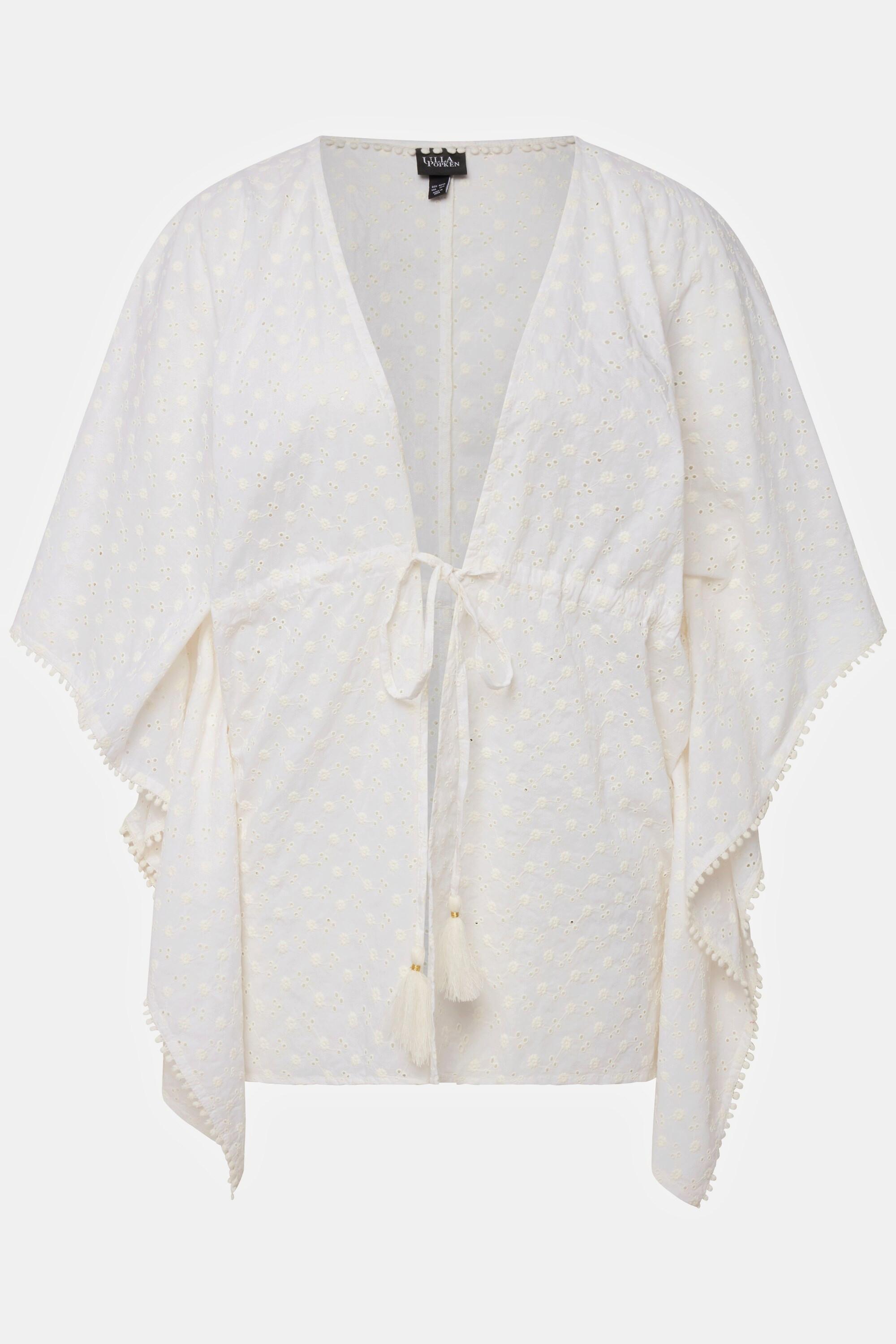 Ulla Popken  Blusa a kimono dal taglio oversize con pizzo traforato, nappe e maniche a 3/4 