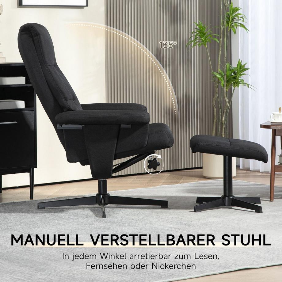 Northio Relaxsessel mit Hocker, Gepolstert Fernsehsessel mit Liegefunktion, Wippfunktion, Drehbar Liegesessel mit Samtoptik, für Wohnzimmer, Schlafzimmer, Schwarz  