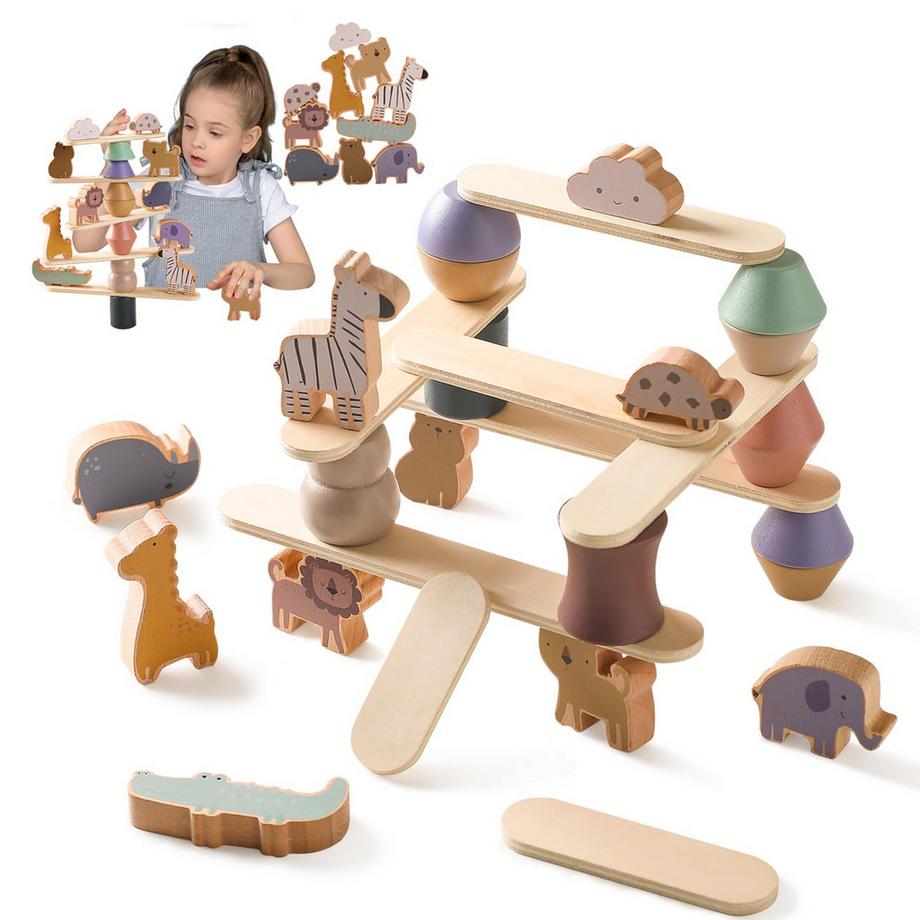 Tierspielset aus Holz für Kinder, 20er-Pack Stapelspielzeug im Waldstil, dekorativer Kuchen, rustikale Dekoration für Heim und Kinderzimmer