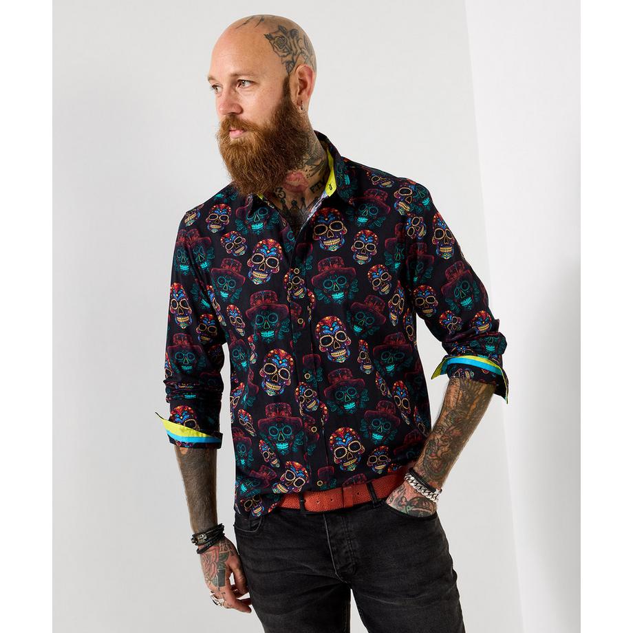 Hemd mit neonfarbenem Totenkopfmuster