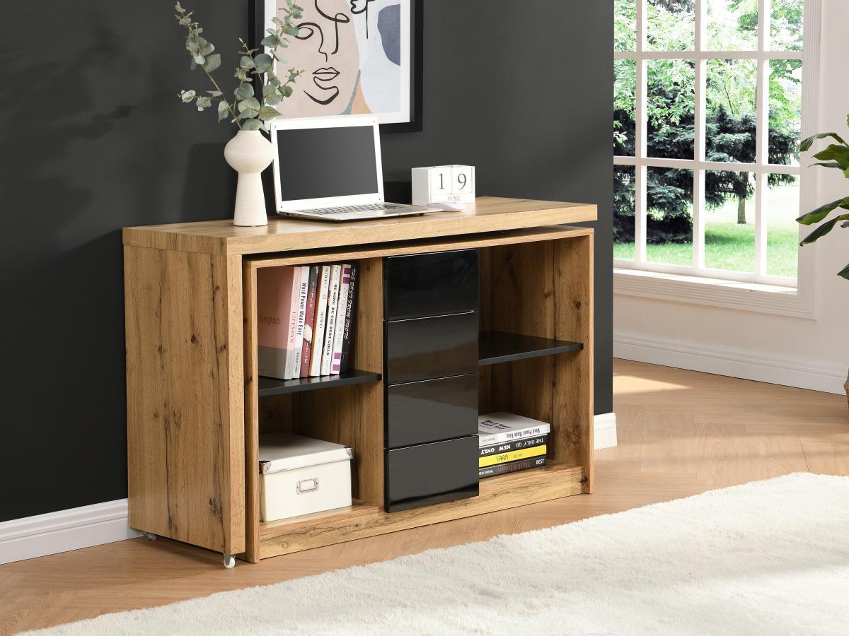 Vente-unique Bureau extensible avec plateau pivotant 360° - MDF - Naturel et noir - PAVELO  