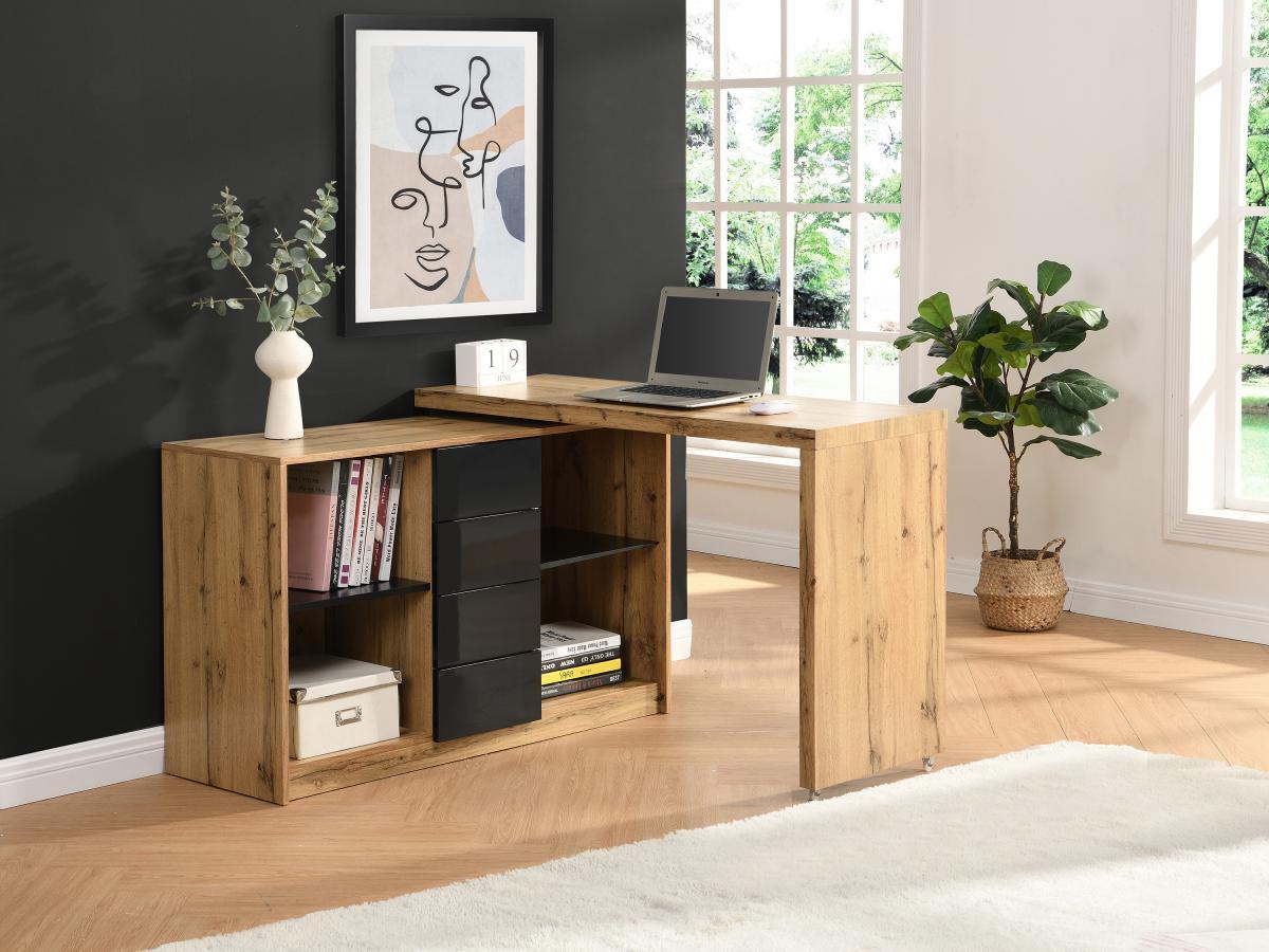 Vente-unique Bureau extensible avec plateau pivotant 360° - MDF - Naturel et noir - PAVELO  