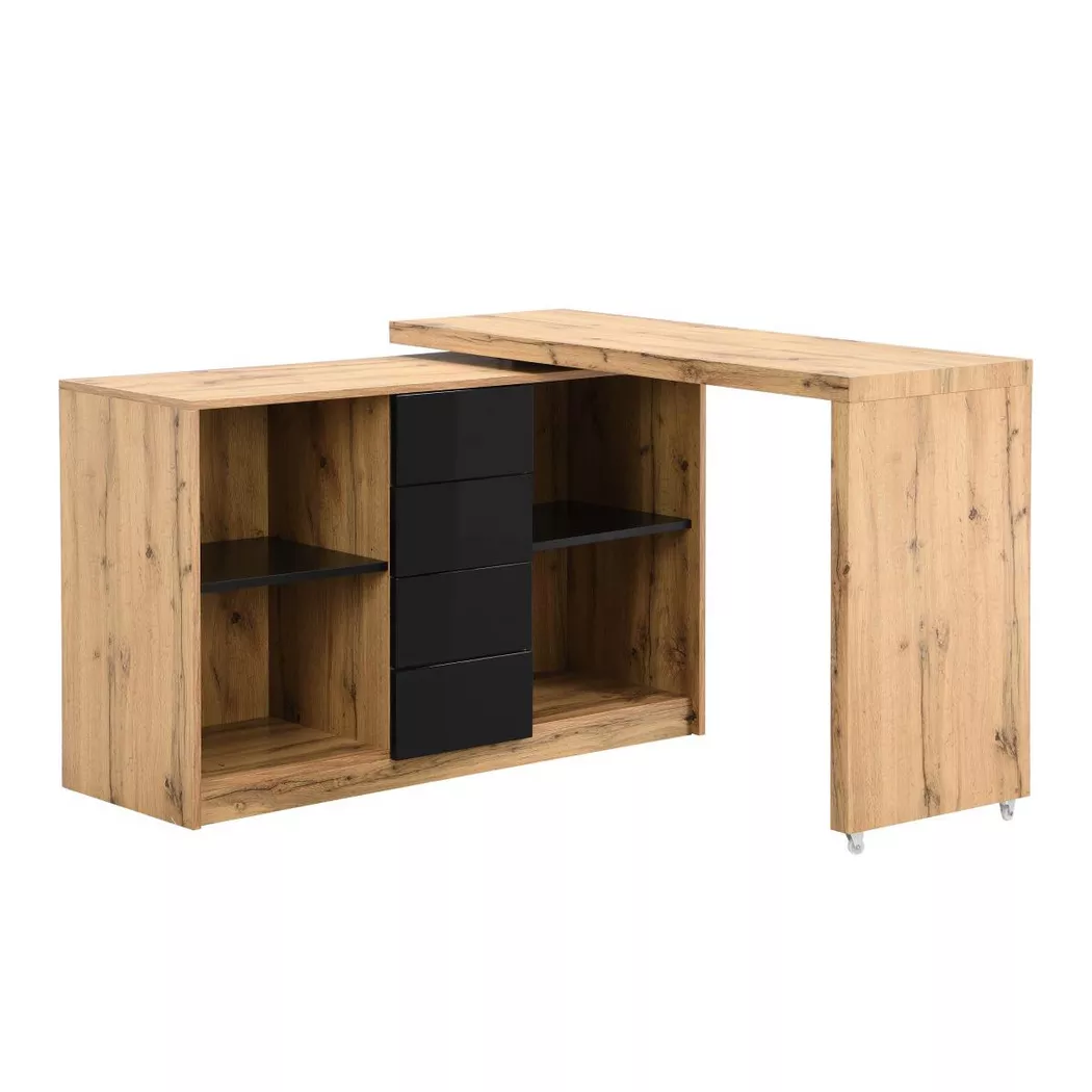 Vente-unique - Bureau extensible avec plateau pivotant 360° - mdf - Naturel et noir - pavelo