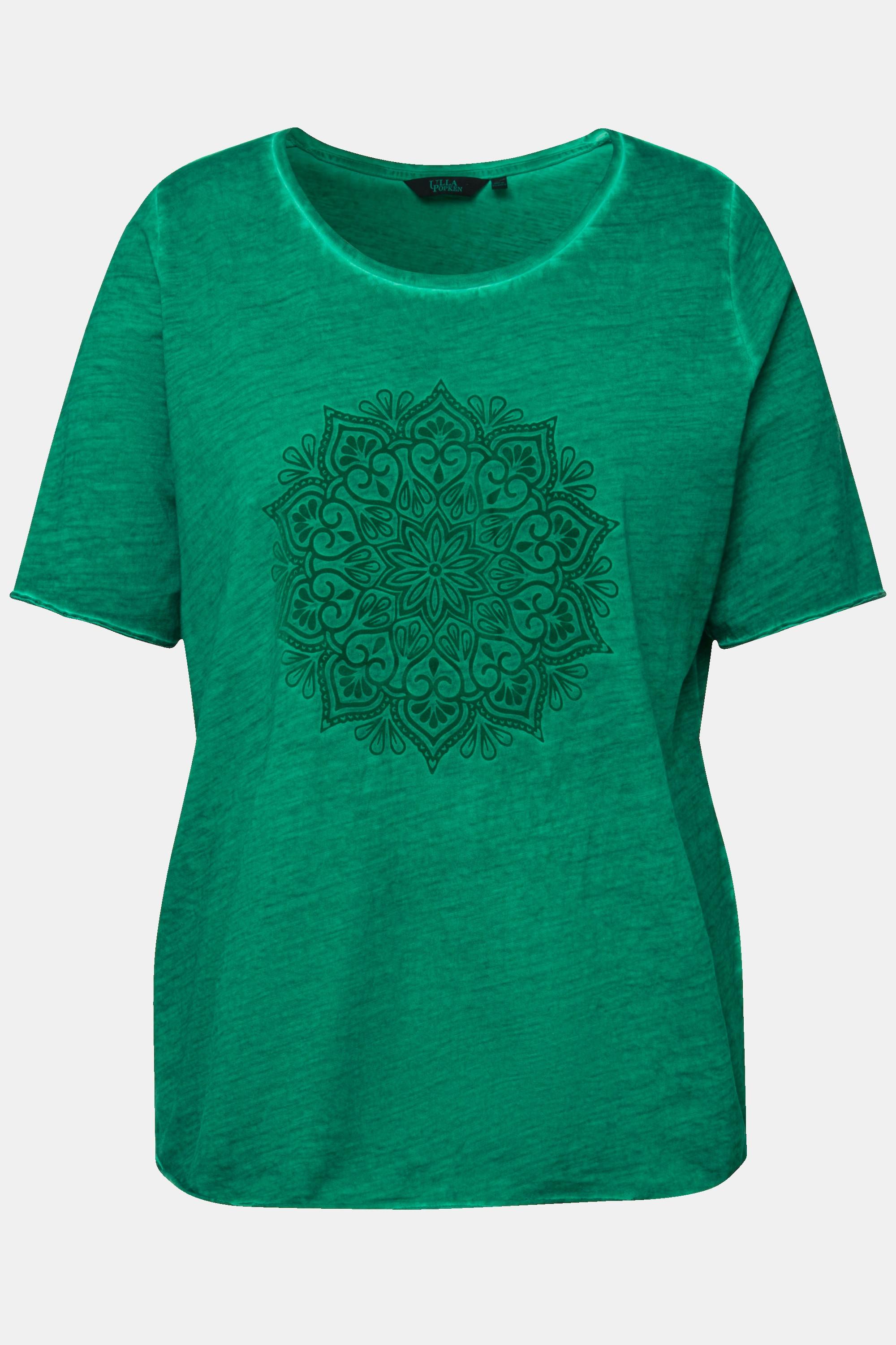 Ulla Popken  T-shirt classica con stampa floccata con mandala, scollo a girocollo e mezze maniche 