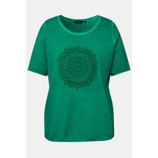 Ulla Popken  T-shirt classica con stampa floccata con mandala, scollo a girocollo e mezze maniche 