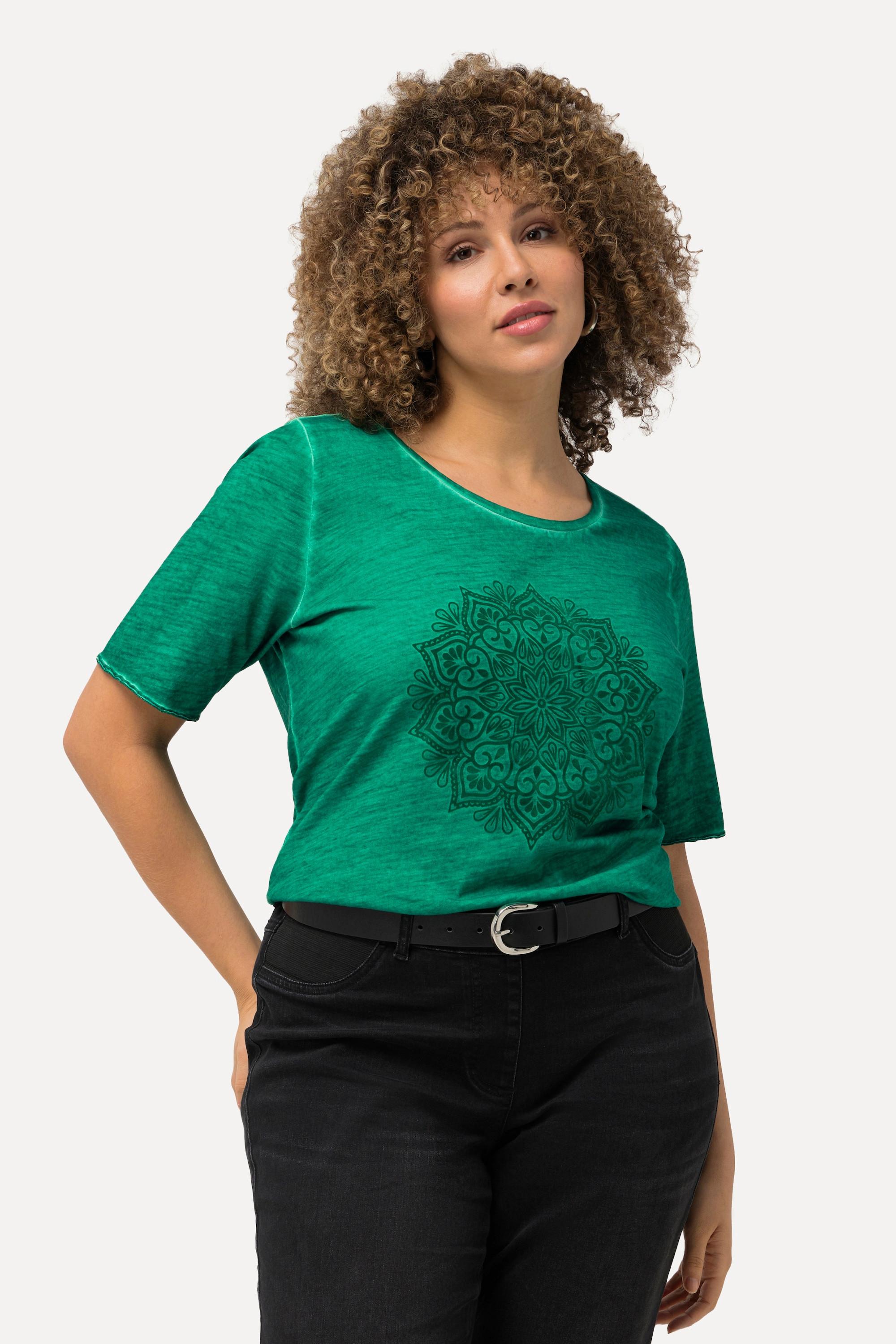 Ulla Popken  T-shirt classica con stampa floccata con mandala, scollo a girocollo e mezze maniche 