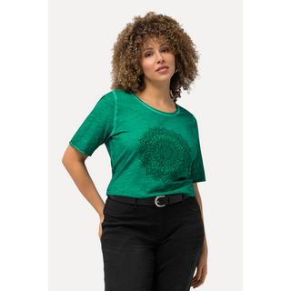 Ulla Popken  T-shirt classica con stampa floccata con mandala, scollo a girocollo e mezze maniche 