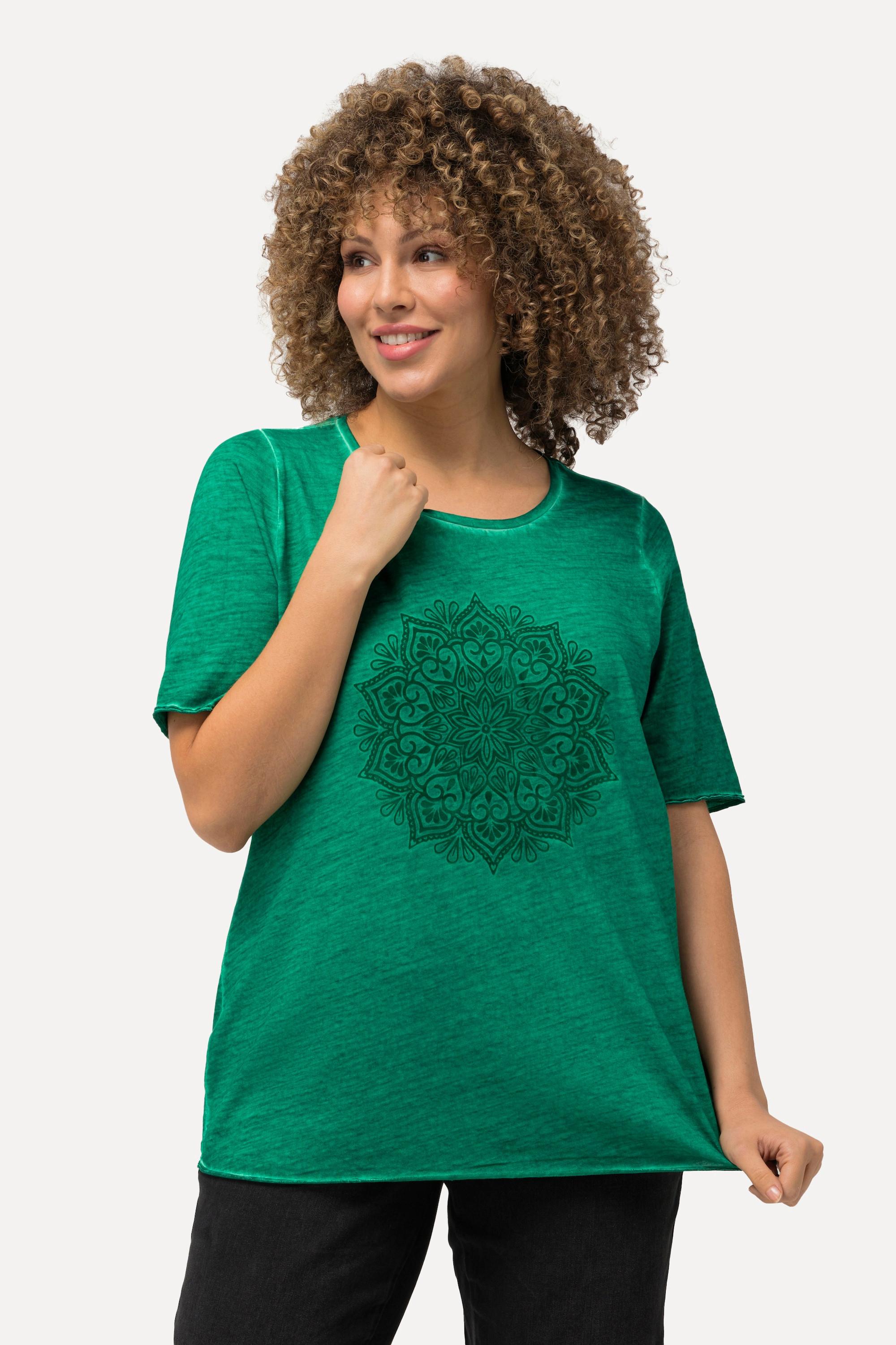 Ulla Popken  T-shirt classica con stampa floccata con mandala, scollo a girocollo e mezze maniche 