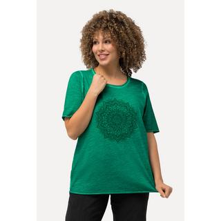 Ulla Popken  T-shirt classica con stampa floccata con mandala, scollo a girocollo e mezze maniche 