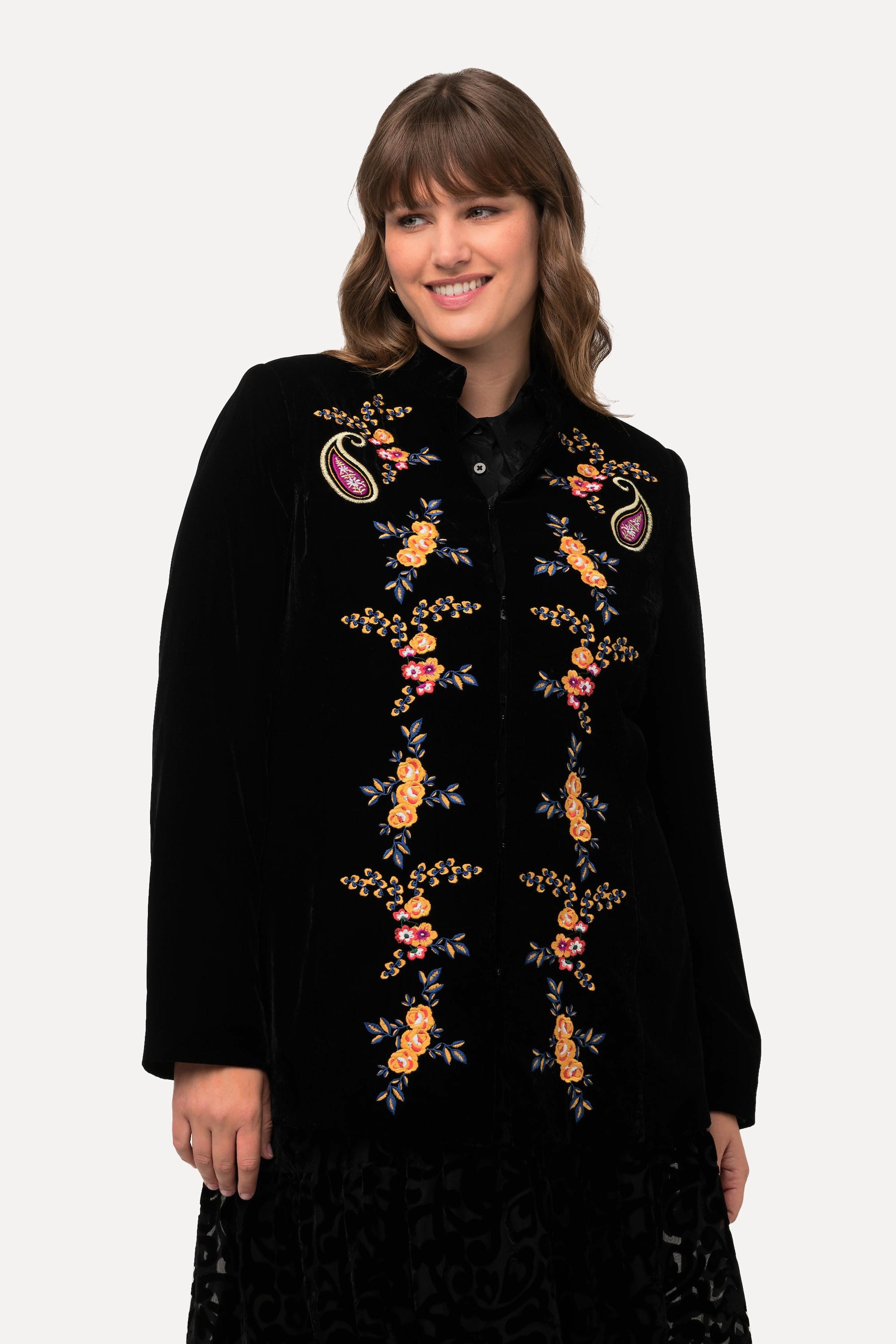 Ulla Popken  Blazer en velours à col montant et fermeture à agrafes, broderie florale 