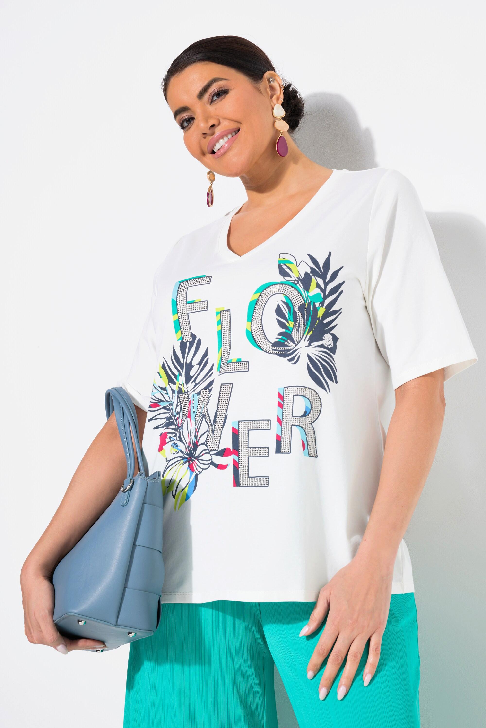 Ulla Popken Flower Stampa Classic Scollo a V Mezze Maniche T-Shirt  