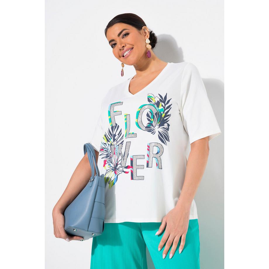 Ulla Popken Flower Imprimé Classic Col V Manches Courtes T-Shirt  