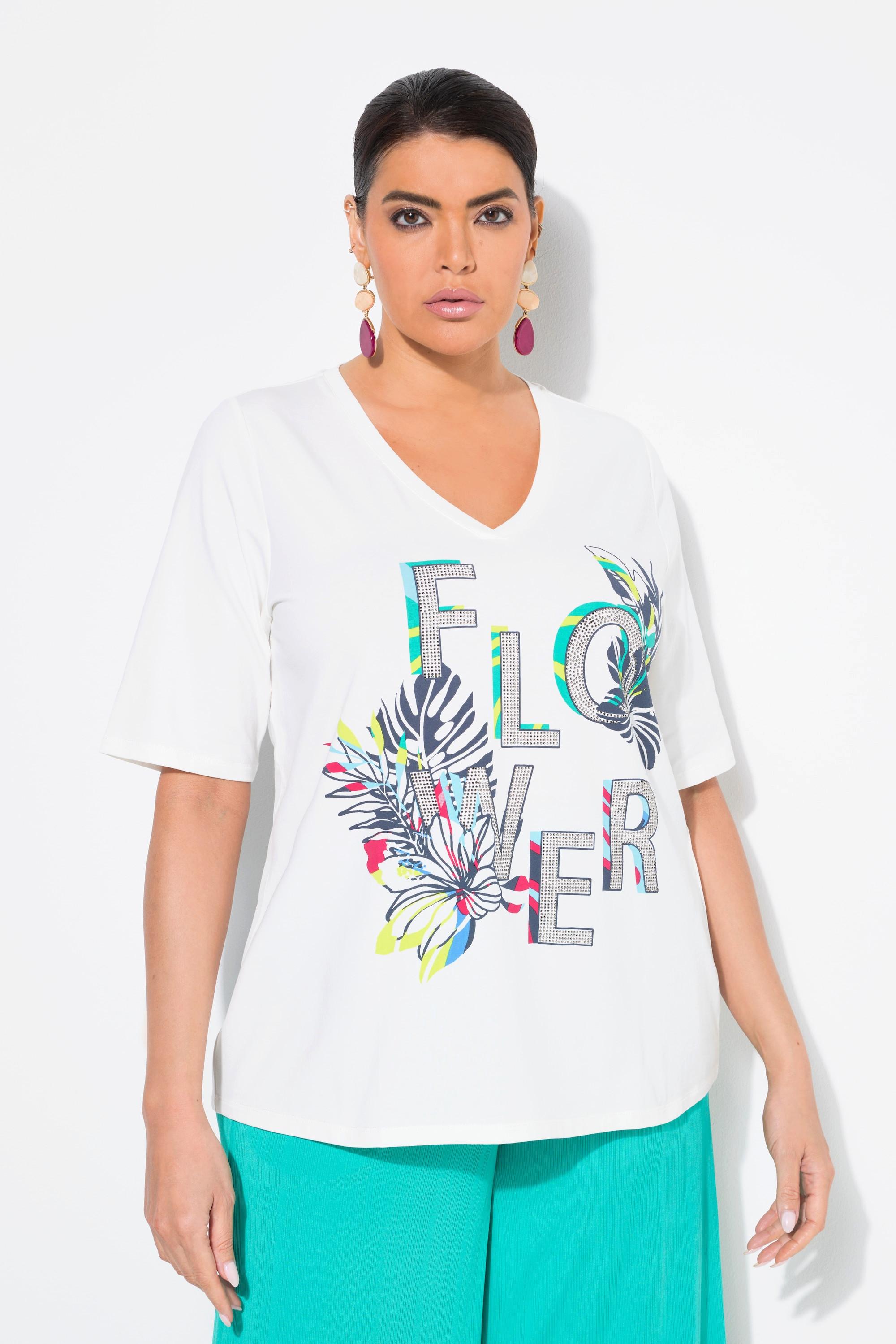 Ulla Popken Flower Stampa Classic Scollo a V Mezze Maniche T-Shirt  